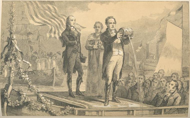 old drawing of Gov. Clinton at the wedding of the water ceremony for the opening of the Erie Canal